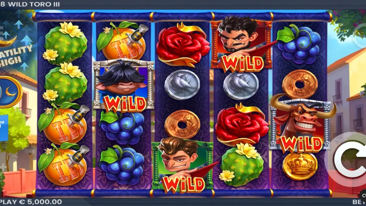 Cena vibrante do jogo Wild Toro 3 com o touro e o matador em uma vila espanhola