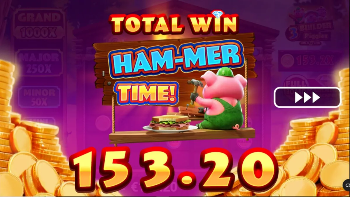 Interface do slot 3 Builder Piggies com personagens animados e casas temáticas