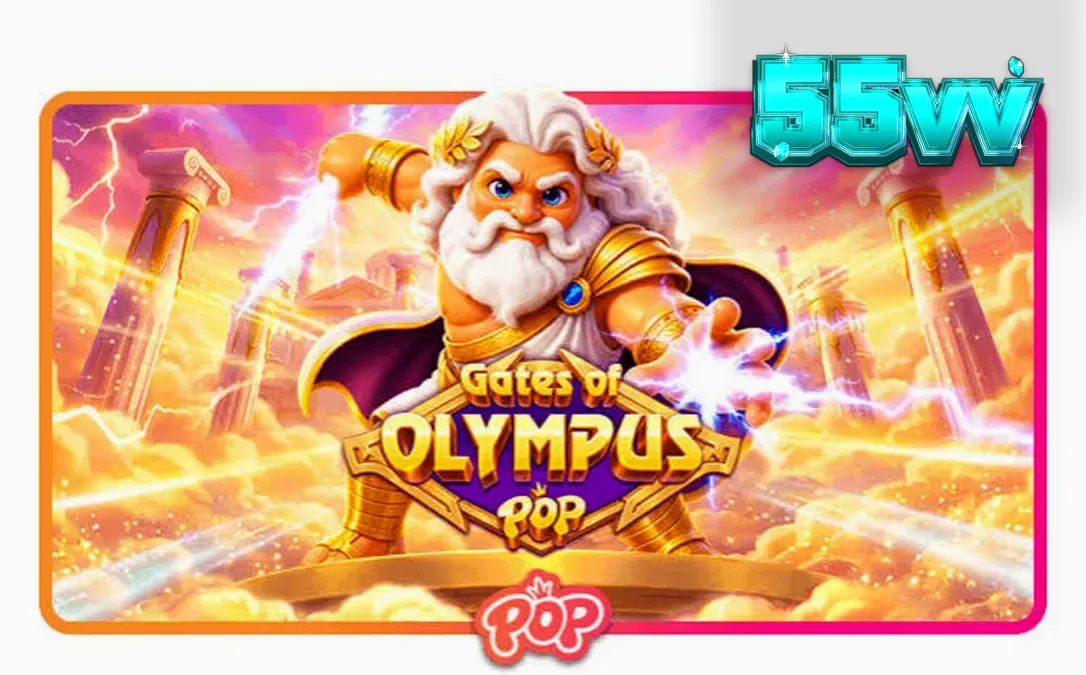 Interface do jogo Gates of Olympus POP com Zeus e grade de símbolos